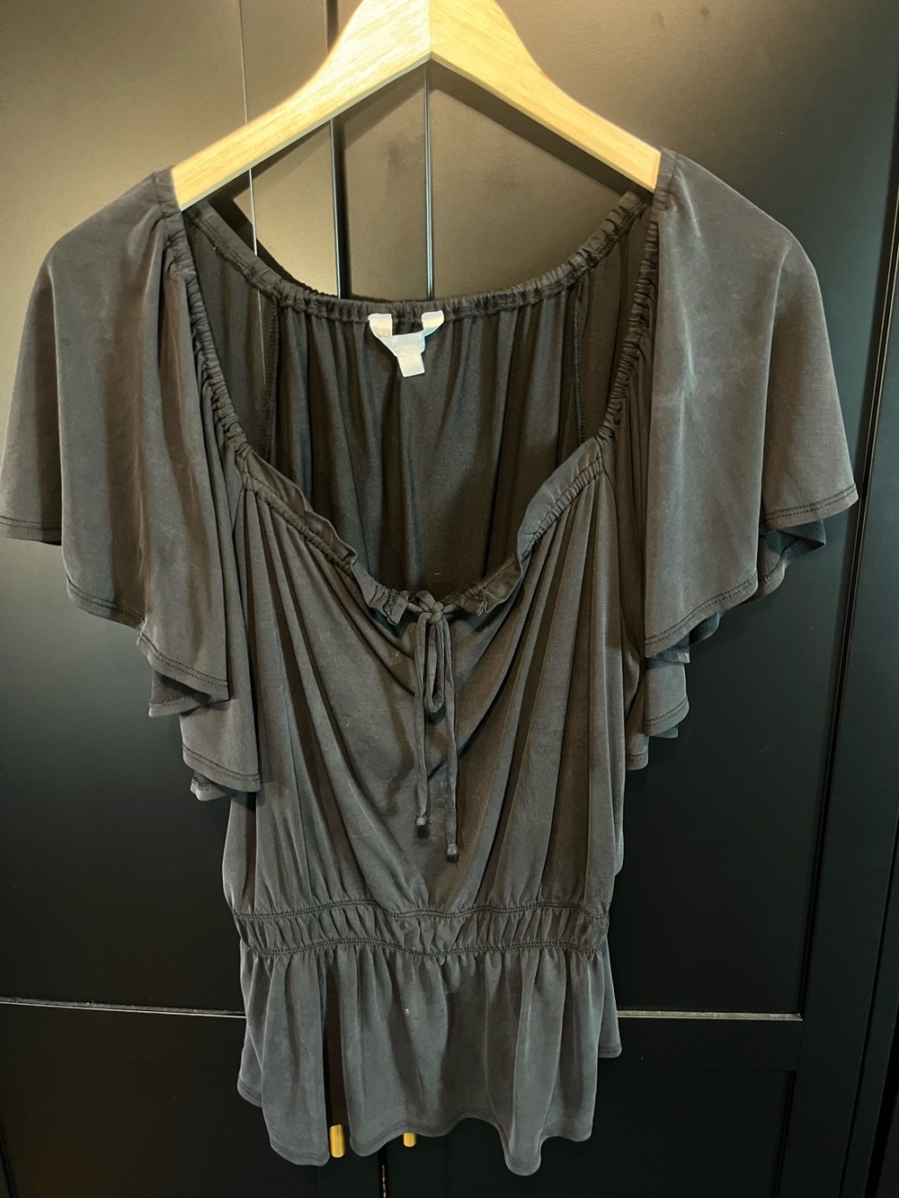 Lucky Brand Washed Black Flutter Sleeve Boho Peplum Top